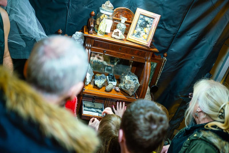 A Victorian era dentists cabinet filled with rocks, minerals and fossils makes for a point of interest for kids and adults as part of The Greatest Show Unearthed